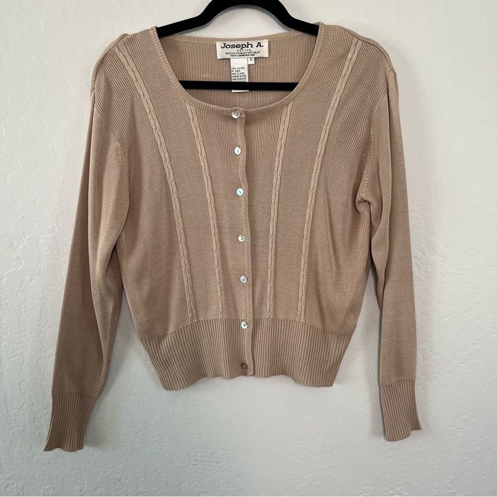 Joseph A Silk Cardigan Tan Beige Ribbed Knit V-Neck Petite M Quiet Luxury
